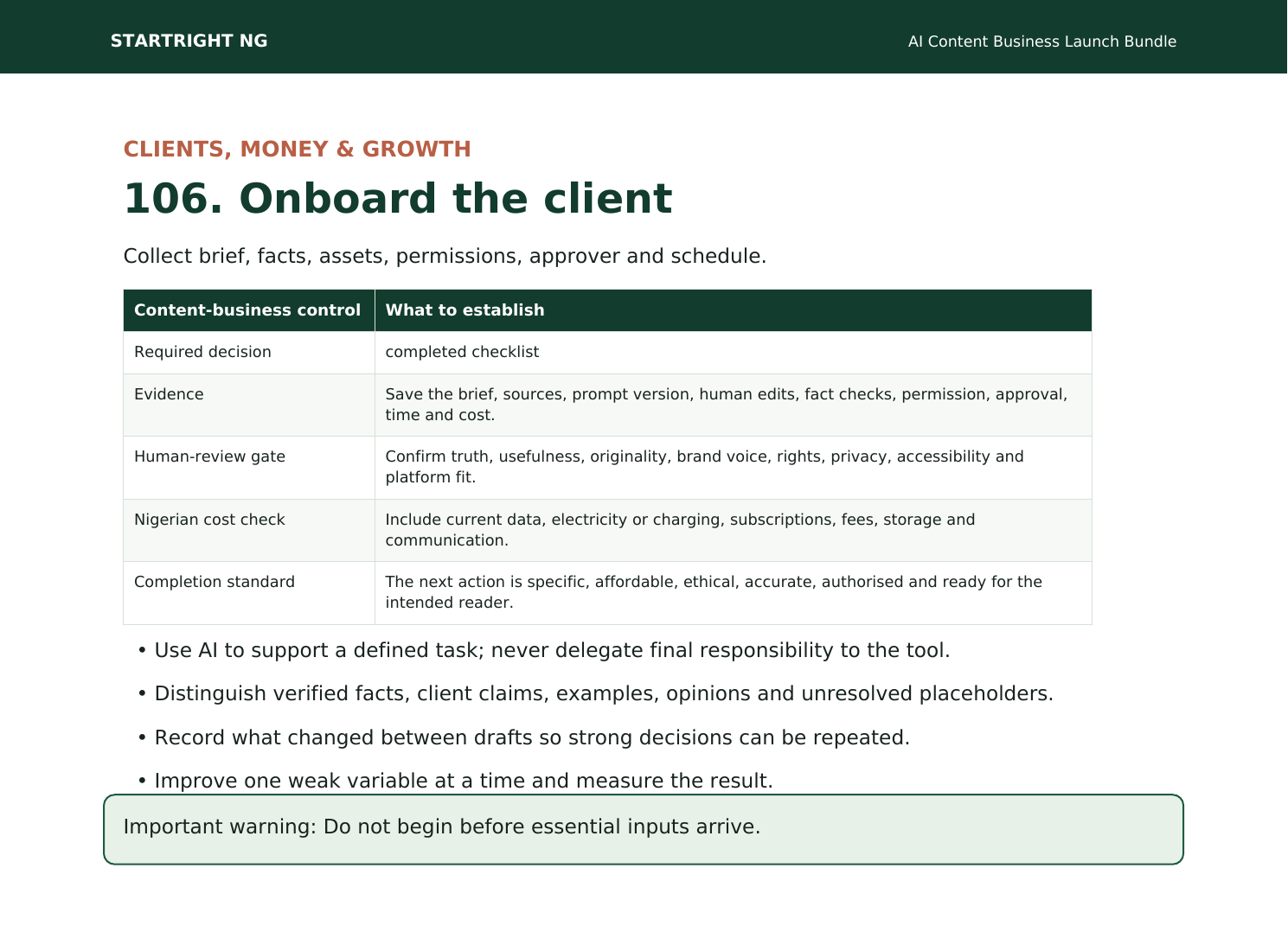 Preview page: Client onboarding and delivery controls