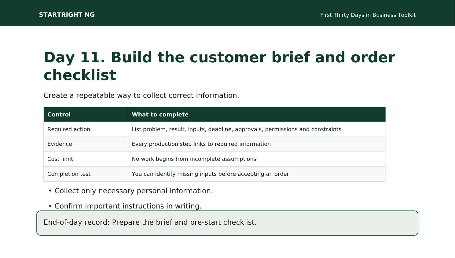 Preview page: Customer brief and order checklist