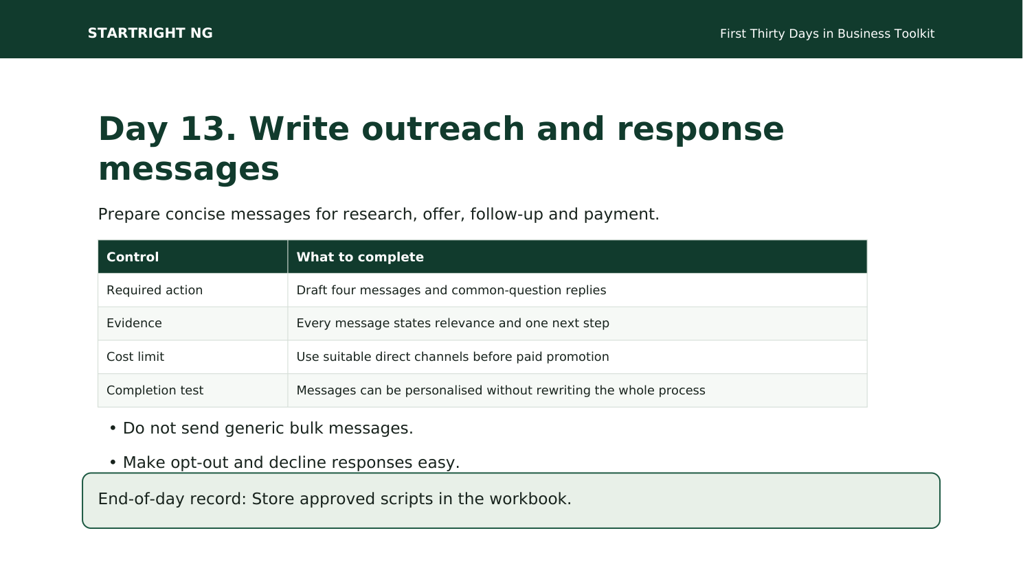 Preview page: Outreach and response messages