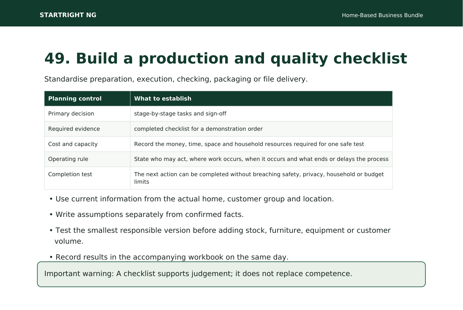 Preview page: Production and quality checklist