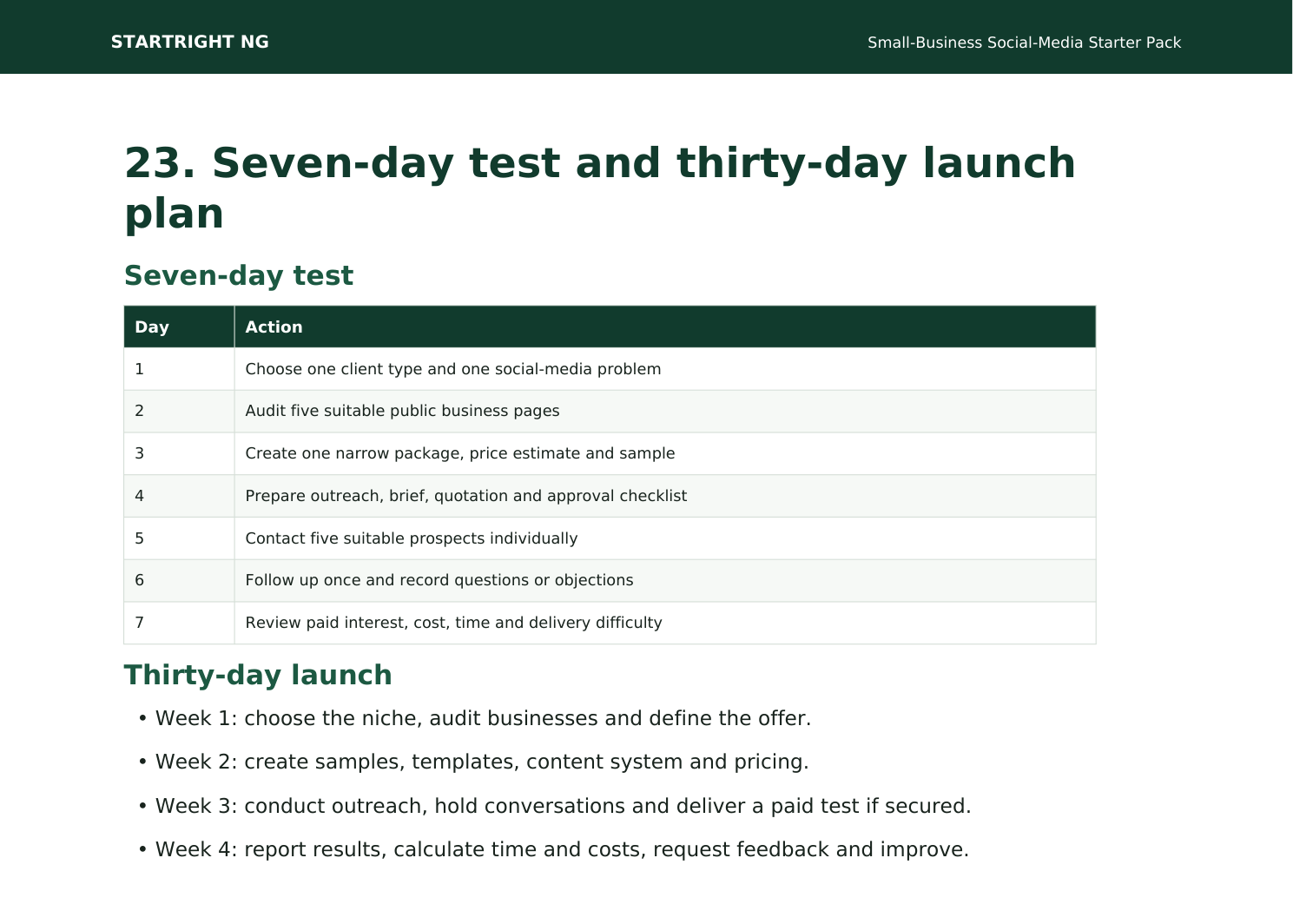 Preview page: Seven-day test and thirty-day launch plan