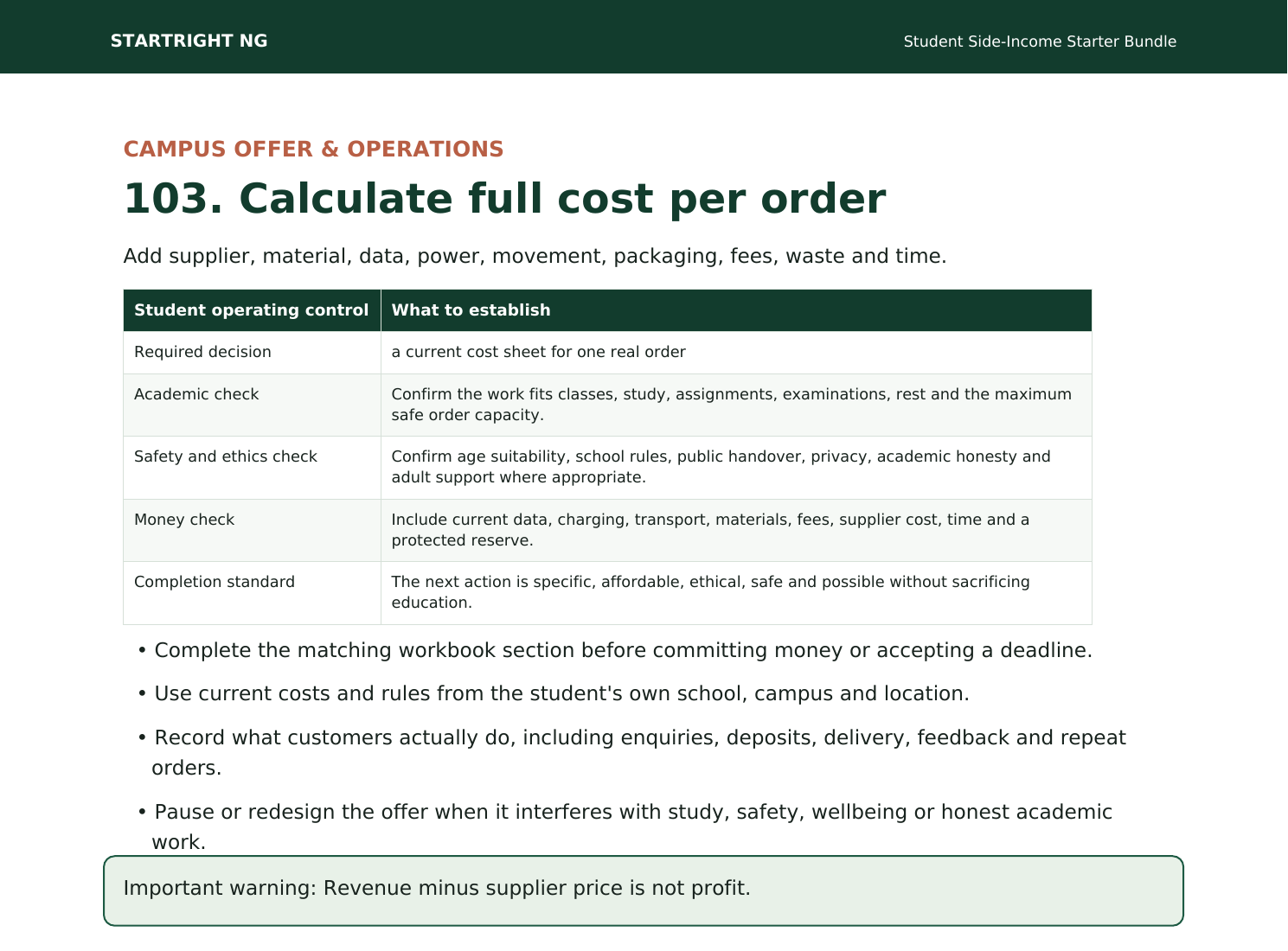 Preview page: Full cost-per-order calculation