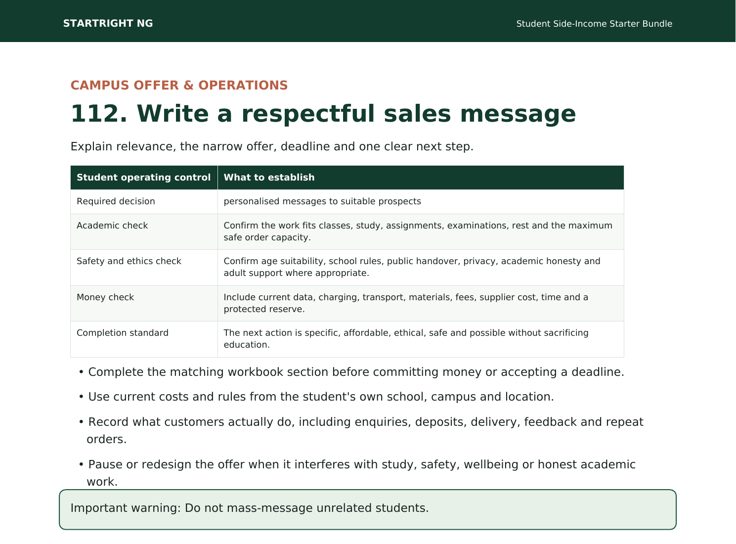Preview page: Respectful student sales-message system